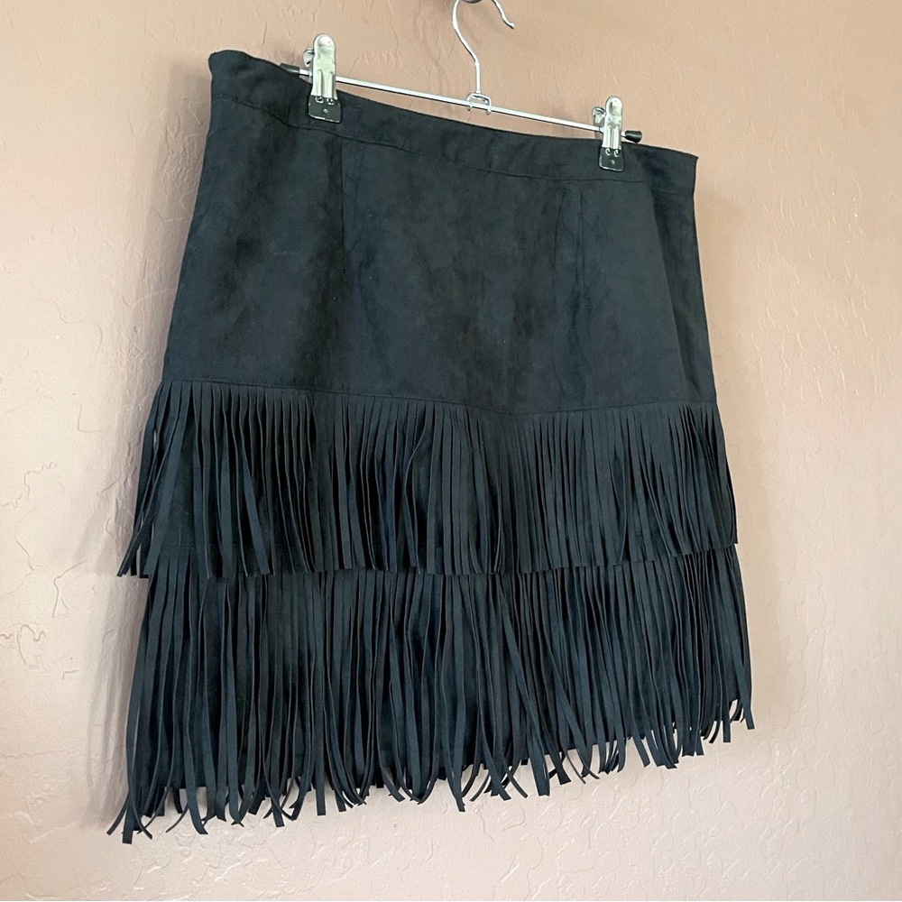 WD.NY Black Fringe Faux Suede Skirt